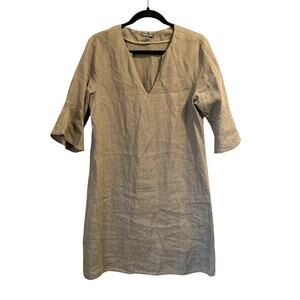 Michael Stars Taupe Green V-Neck Short Dress 100% Linen Bell Sleeves Womens sz M